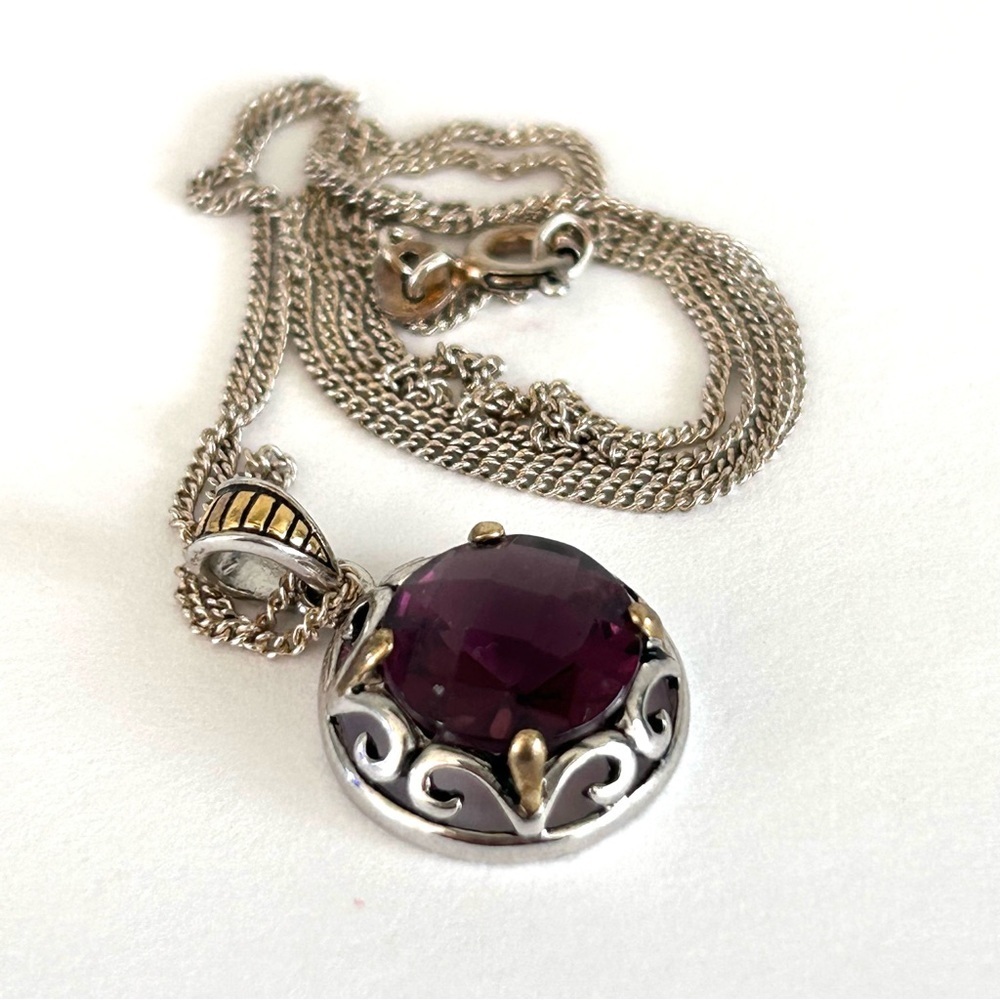Silver and Gold Tone Faceted Purple Stone Necklace